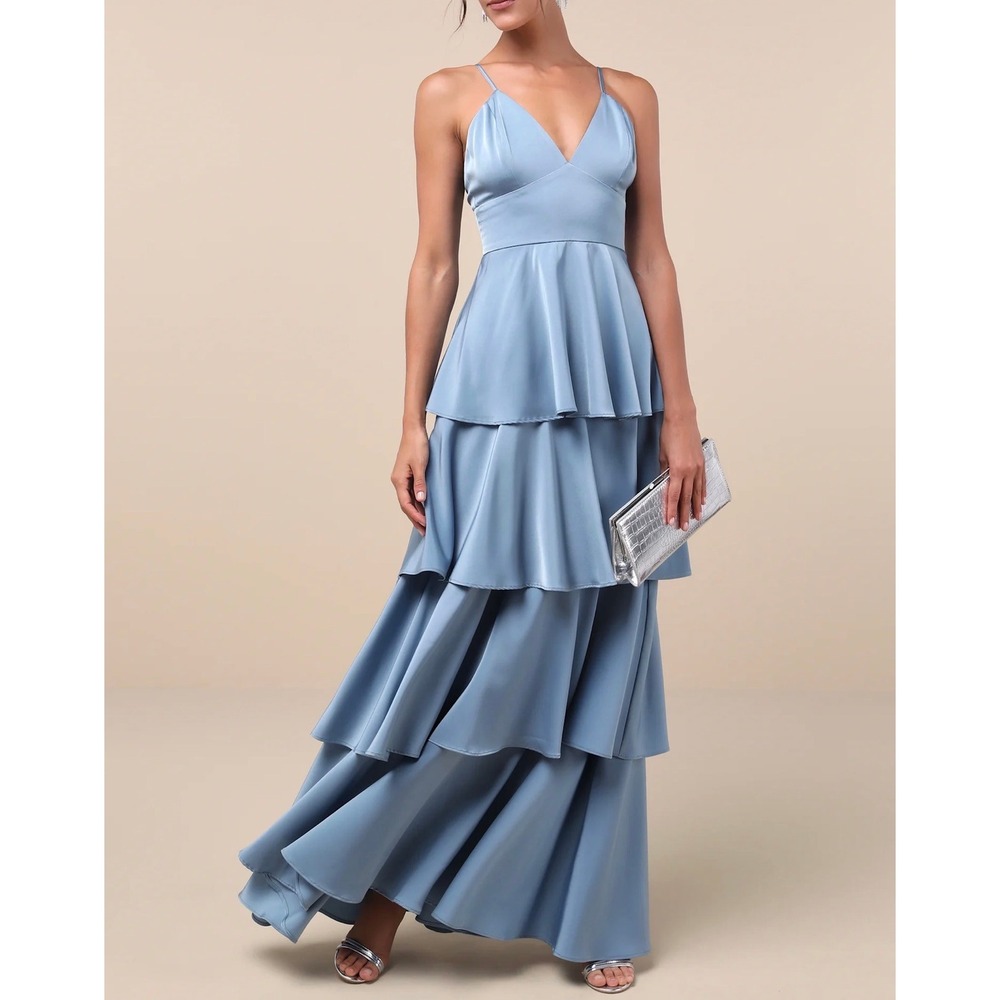 Lulus Tiered To Perfection Slate Blue Satin Tiered Maxi Dress NWT Size L 2899